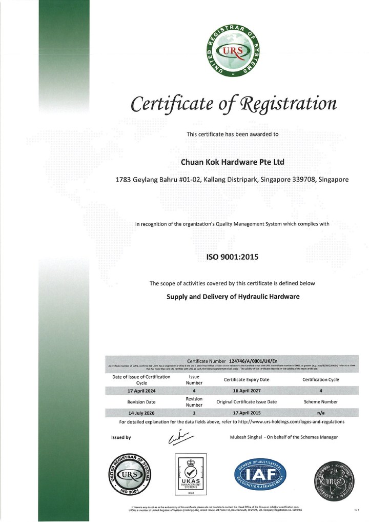 Chuan Kok ISO 9001 Certificate